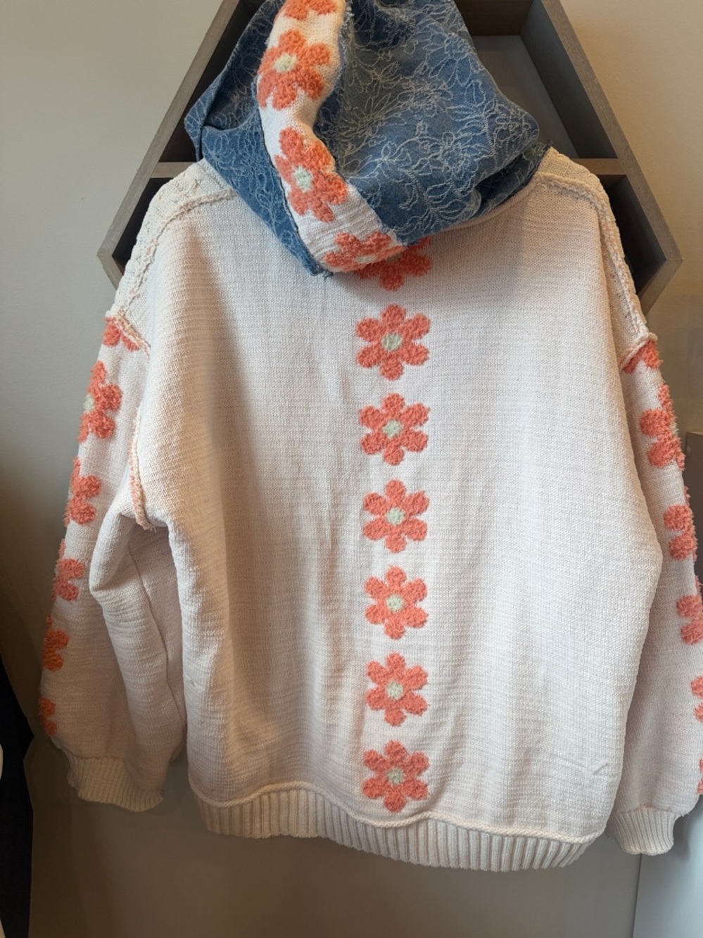 POL Cream Cable-Knit Hoodie with Blue Panels and Coral Stripes - Picture 5 of 5